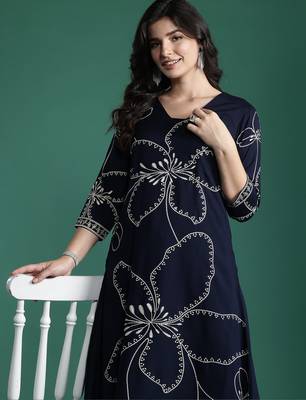 Blue embroidered viscose rayon kurta trouser set 1