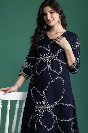Blue embroidered viscose rayon kurta trouser set