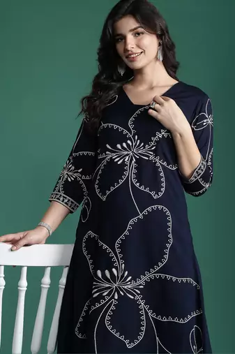 Blue embroidered viscose rayon kurta trouser set