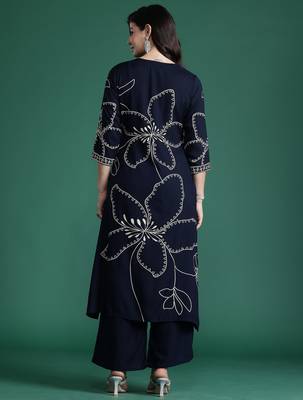 Blue embroidered viscose rayon kurta trouser set 2