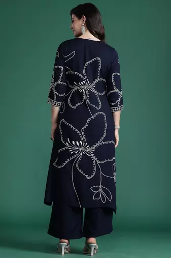 Blue embroidered viscose rayon kurta trouser set