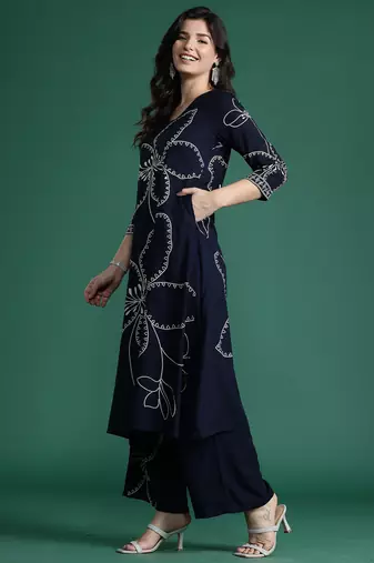 Blue embroidered viscose rayon kurta trouser set