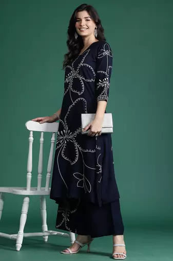 Blue embroidered viscose rayon kurta trouser set