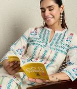 Off white embroidered pure cotton kurta trouser set