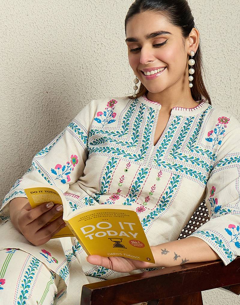 Off white embroidered pure cotton kurta trouser set