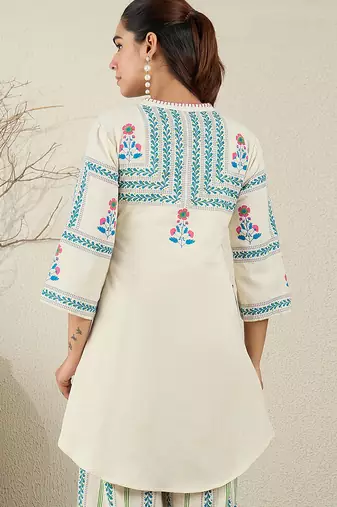 Off white embroidered pure cotton kurta trouser set