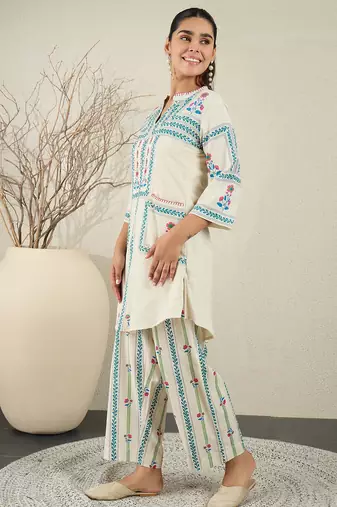 Off white embroidered pure cotton kurta trouser set