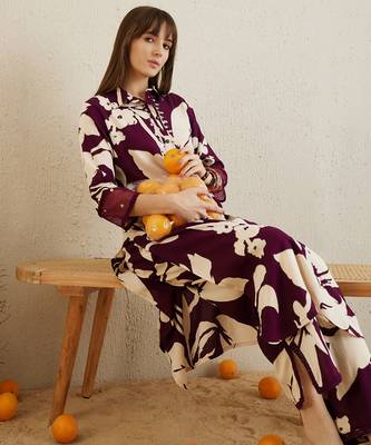 Burgundy printed viscose rayon kurta trouser set 1