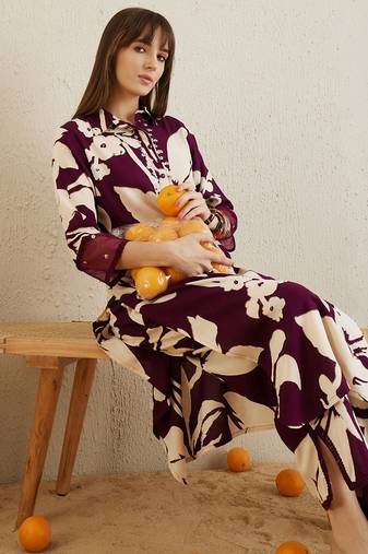 Burgundy printed viscose rayon kurta trouser set