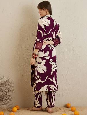 Burgundy printed viscose rayon kurta trouser set 2
