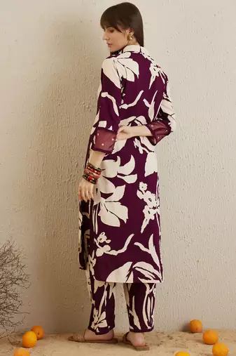 Burgundy printed viscose rayon kurta trouser set