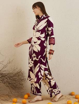 Burgundy printed viscose rayon kurta trouser set 3