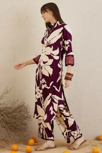 Burgundy printed viscose rayon kurta trouser set