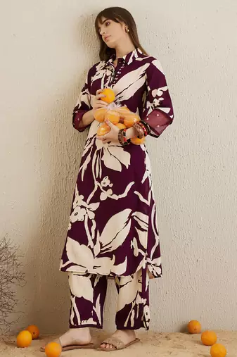 Burgundy printed viscose rayon kurta trouser set