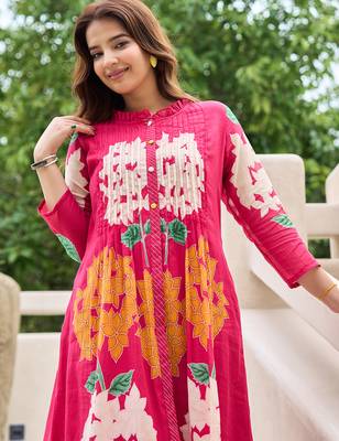 Pink printed pure cotton kurta trouser set 1