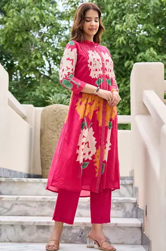Pink printed pure cotton kurta trouser set