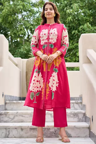 Pink printed pure cotton kurta trouser set