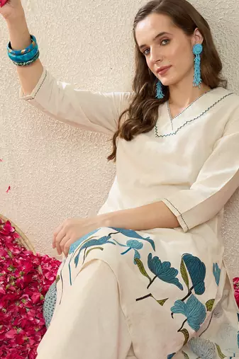 White printed pure cotton kurta trouser set