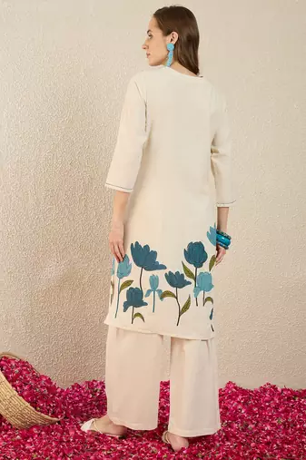 White printed pure cotton kurta trouser set
