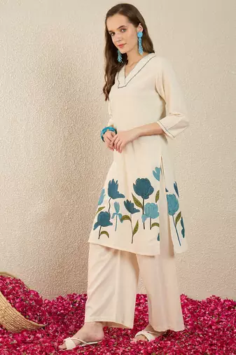 White printed pure cotton kurta trouser set