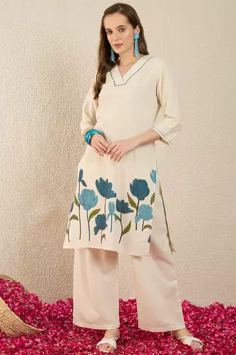 White printed pure cotton kurta trouser set