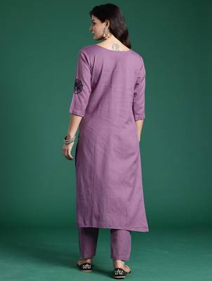 Burgundy embroidered pure cotton kurta trouser set 2