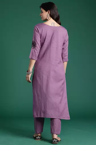 Burgundy embroidered pure cotton kurta trouser set
