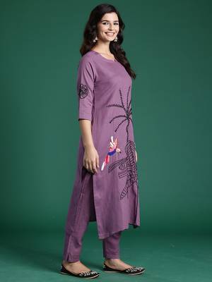 Burgundy embroidered pure cotton kurta trouser set 3
