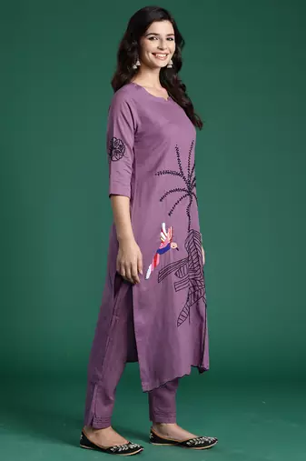 Burgundy embroidered pure cotton kurta trouser set