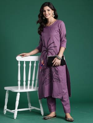 Burgundy embroidered pure cotton kurta trouser set 4