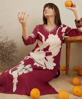 Red embroidered viscose rayon kurta trouser set 1