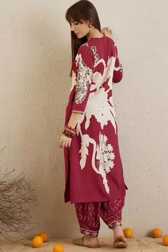 Red embroidered viscose rayon kurta trouser set