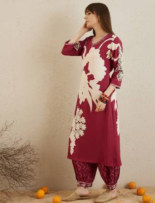 Red embroidered viscose rayon kurta trouser set 3