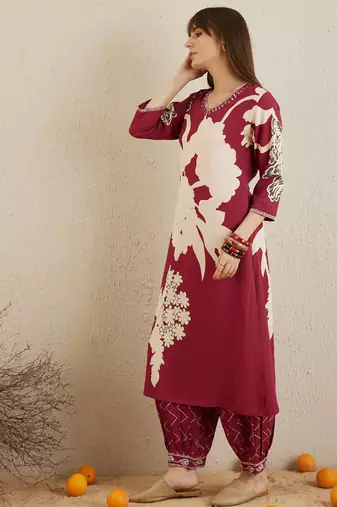 Red embroidered viscose rayon kurta trouser set
