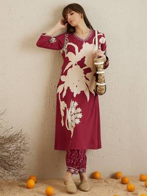 Red embroidered viscose rayon kurta trouser set 4