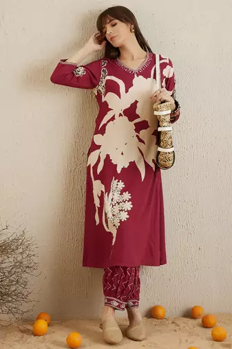 Red embroidered viscose rayon kurta trouser set