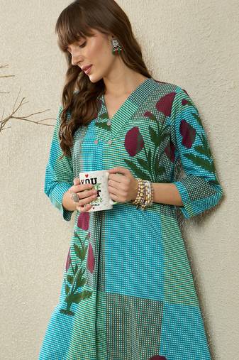 Multicolor printed pure cotton kurta trouser set