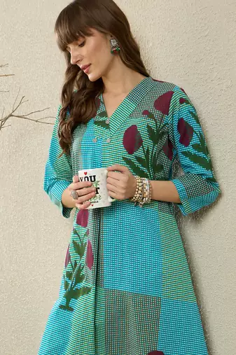 Multicolor printed pure cotton kurta trouser set