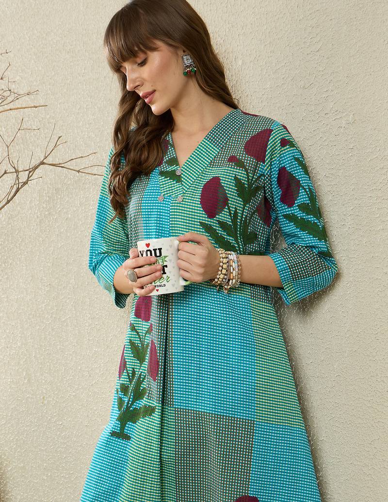 Multicolor printed pure cotton kurta trouser set