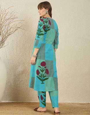 Multicolor printed pure cotton kurta trouser set 2
