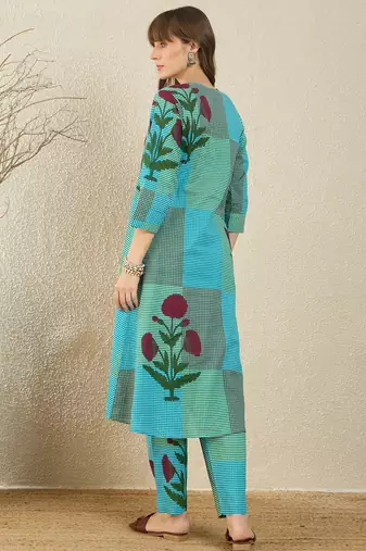 Multicolor printed pure cotton kurta trouser set