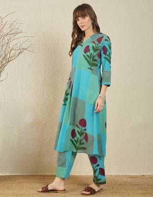 Multicolor printed pure cotton kurta trouser set 3