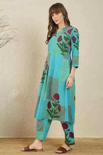 Multicolor printed pure cotton kurta trouser set