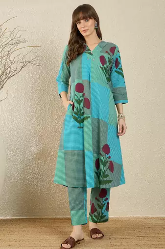 Multicolor printed pure cotton kurta trouser set