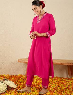 Pink embroidered silk kurta trouser set 3