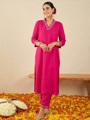 Pink embroidered silk kurta trouser set 4