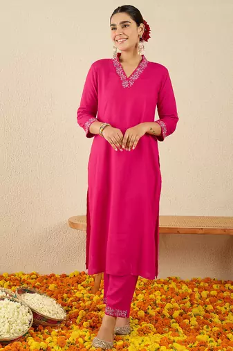 Pink embroidered silk kurta trouser set