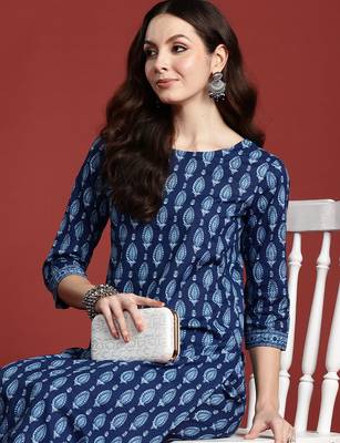 Blue printed pure cotton kurta trouser set 1