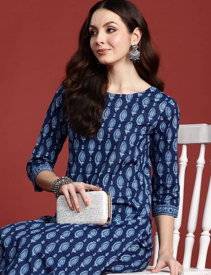 Blue printed pure cotton kurta trouser set