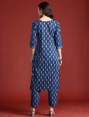 Blue printed pure cotton kurta trouser set 2